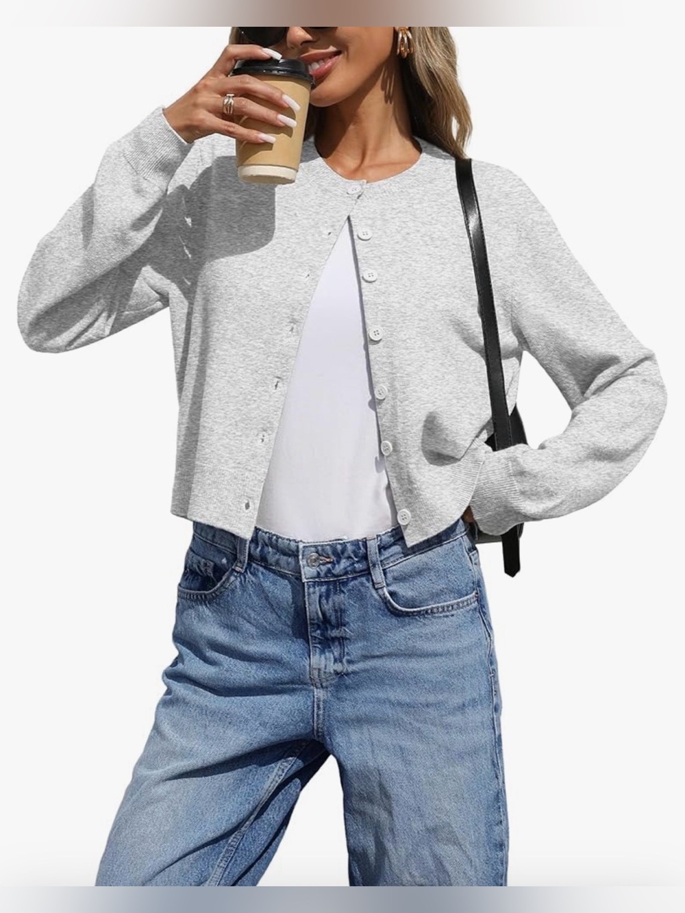 Grey Button-Front Cropped Cardigan Sweater - Women